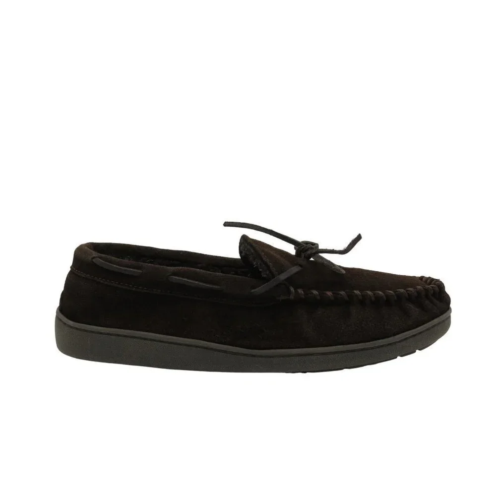 MINNETONKA Men's Dark Brown Suede Pile Lined Hardsole Moccasin Slippers 10